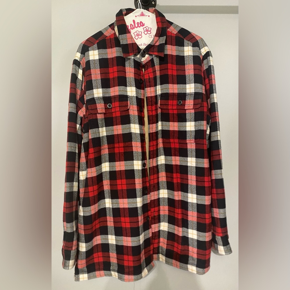 LL Bean Mens Flannel Shirt M Plaid Beige Fleece Lined